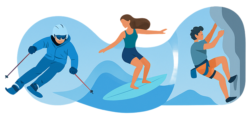 Sports collage representing Vimbu across ski, surf, and more